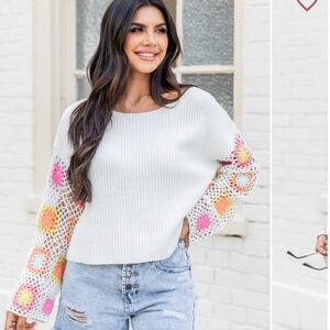 Pink Lily Crochet Square Grannycore Statement Sleeve Sweater Size Medium